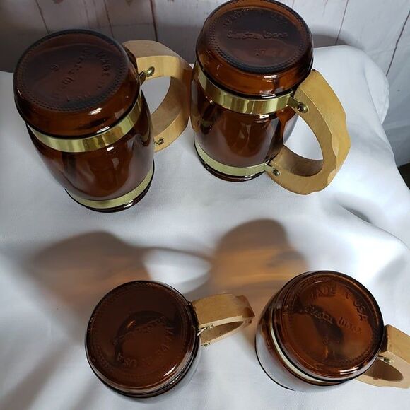 Vintage Siesta Ware Brown Glass Horse Mugs Set 4 Western Wood Handle Beer Steins - Picture 4 of 8